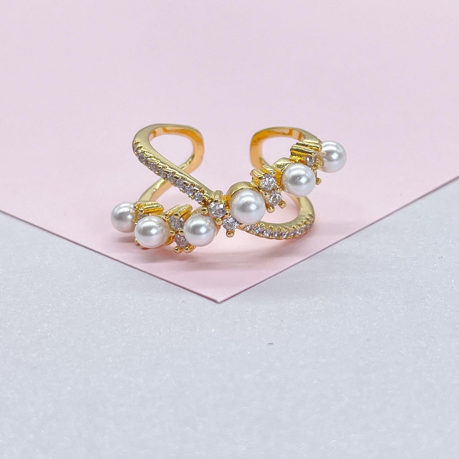 Adjustable 18k Gold Filled CZ and pearl Ring Dainty Jewelry