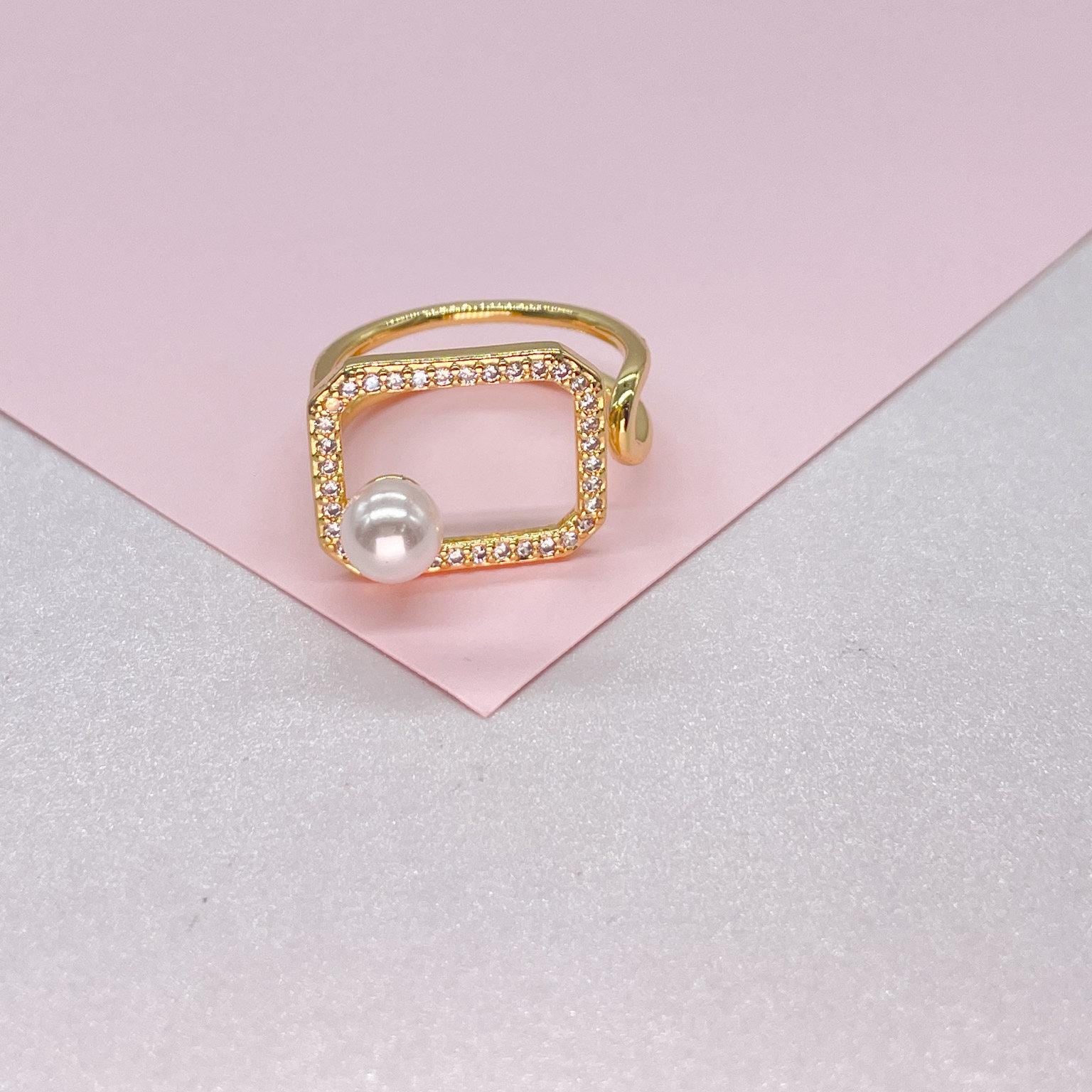 Adjustable 18k Gold Filled CZ and pearl Square Ring Dainty Jewelry
