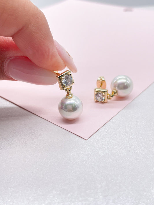 18k Gold Filled Circle Cut CZ Stone Earring With Large Hanging Pearl