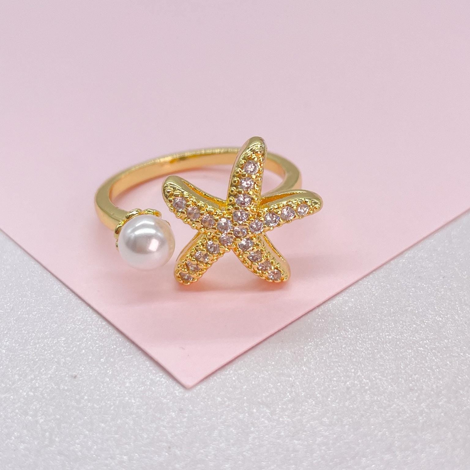 Adjustable 18k Gold Filled CZ and pearl Star-Fish Ring Dainty Jewelry