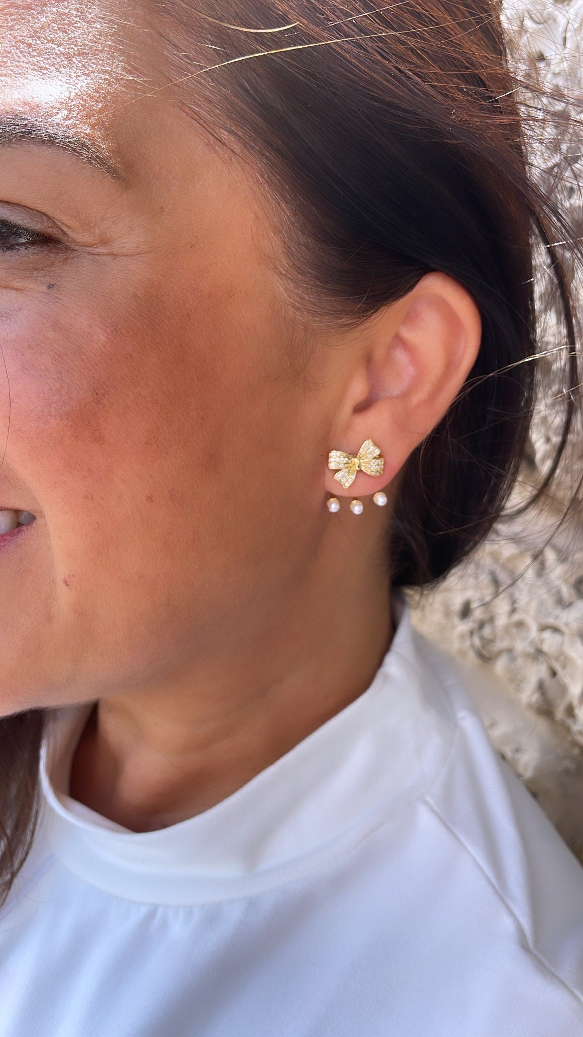 18k Gold Filled Bow Stud Jacket Earring With Pearl Ends