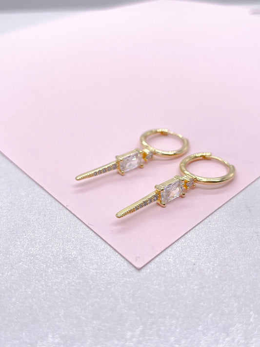 18k Gold Filled Spear Charm Dangling Earring With CZ Pave