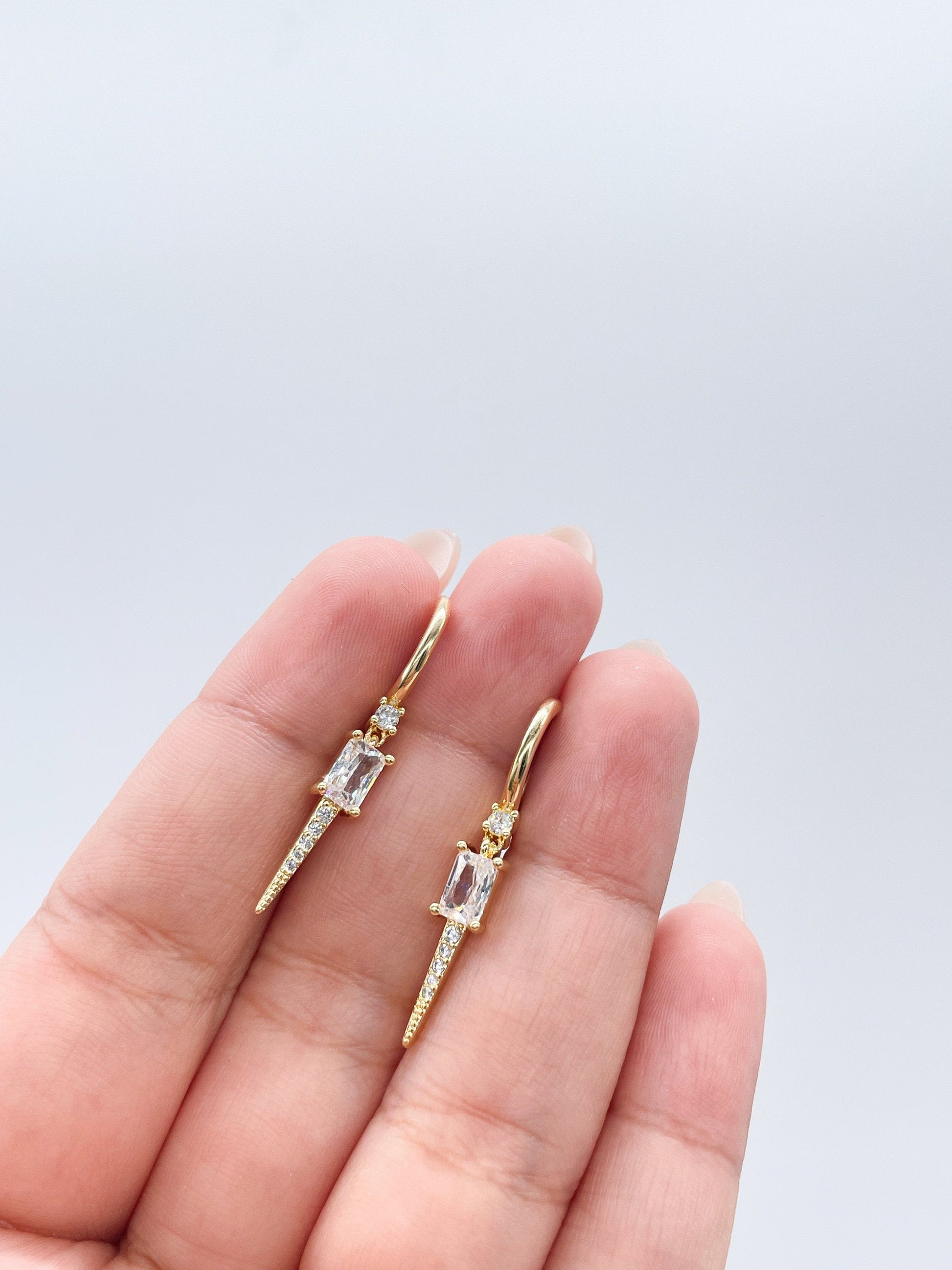 18k Gold Filled Spear Charm Dangling Earring With CZ Pave