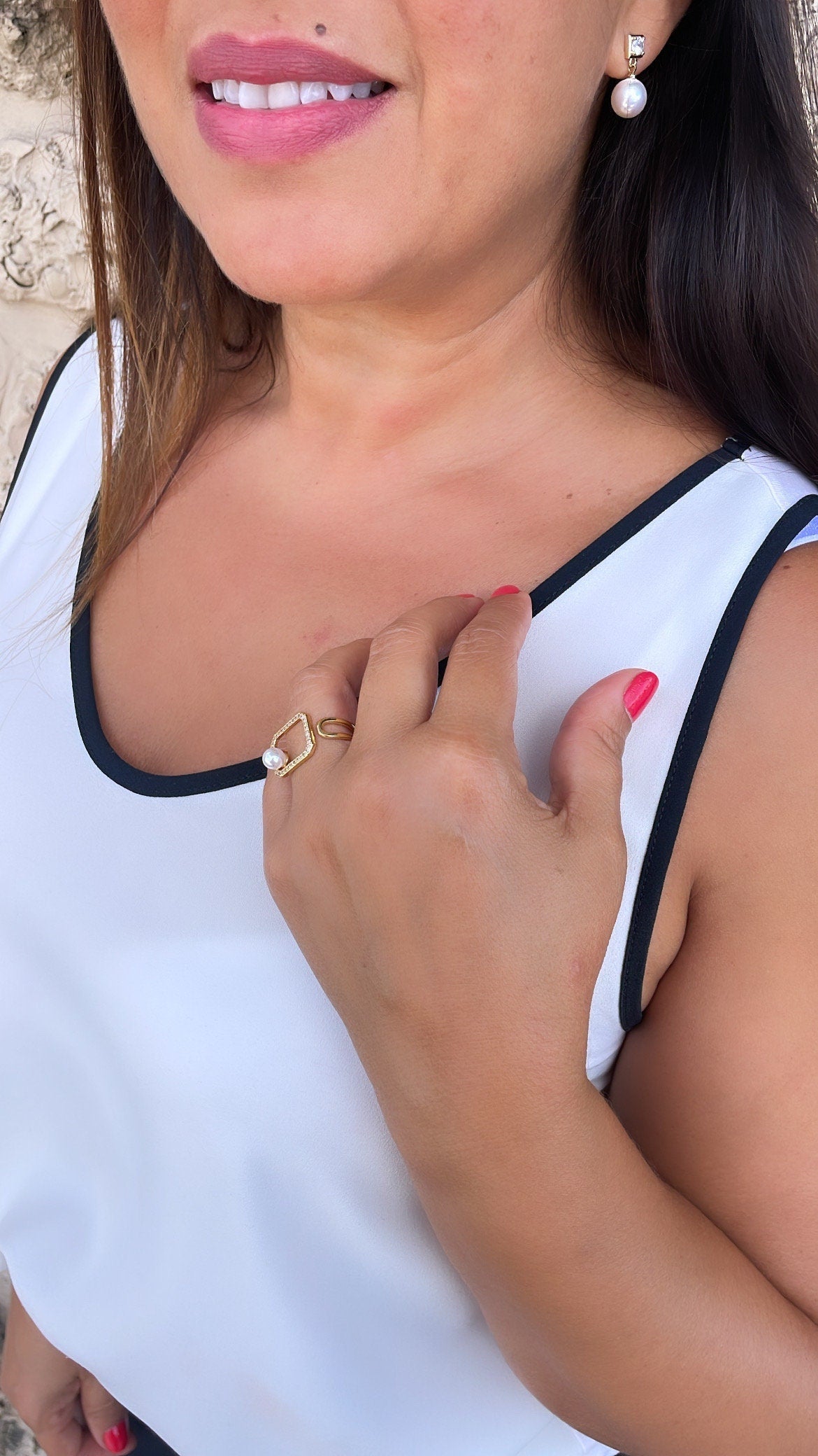Adjustable 18k Gold Filled CZ and pearl Square Ring Dainty Jewelry