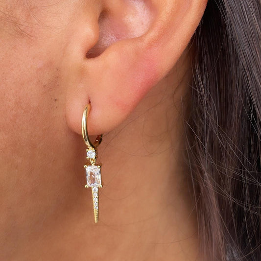 18k Gold Filled Spear Charm Dangling Earring With CZ Pave