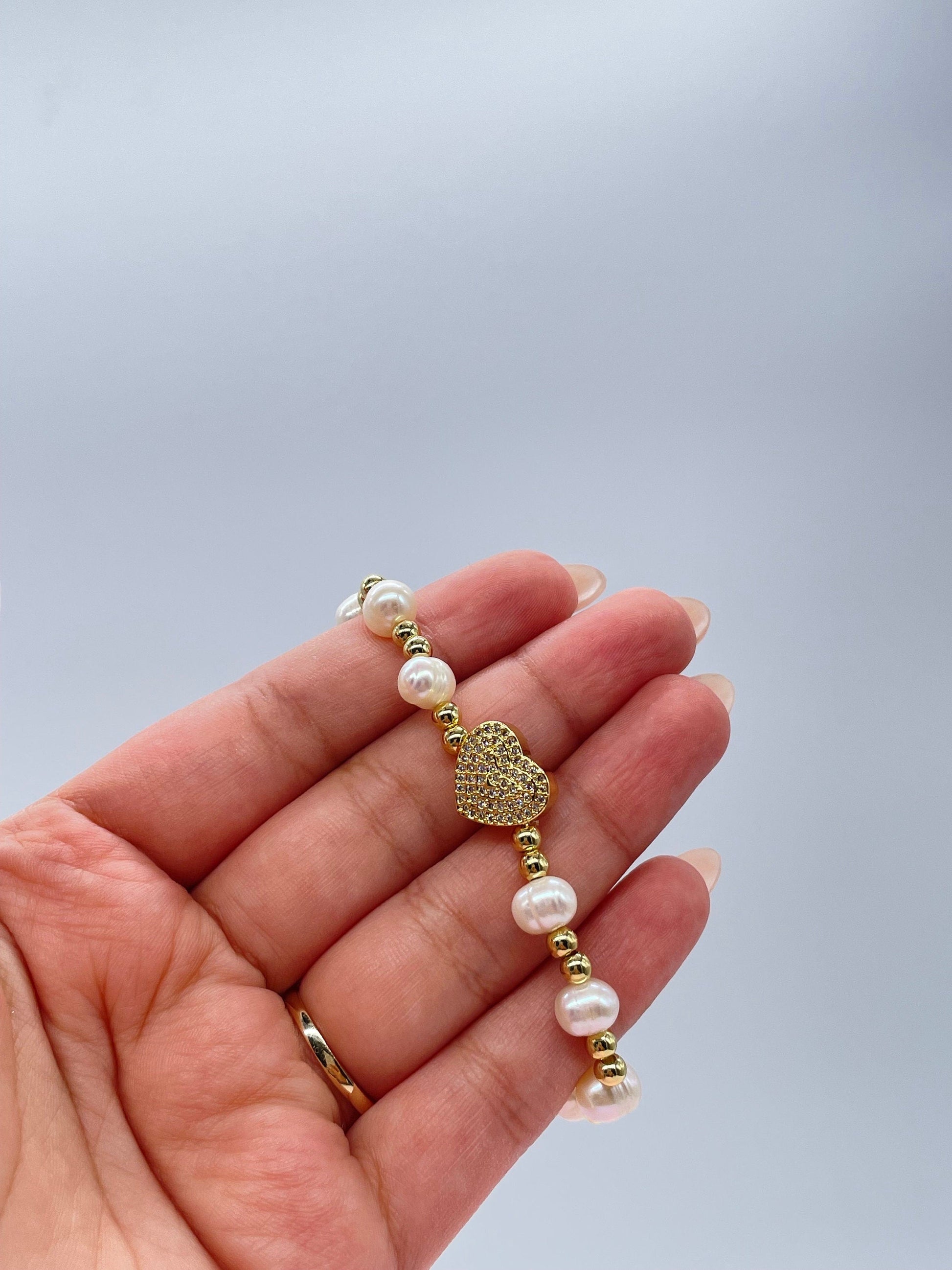 18k Gold Filled 6mm Elastic Beaded with Pearl Beads and Heart