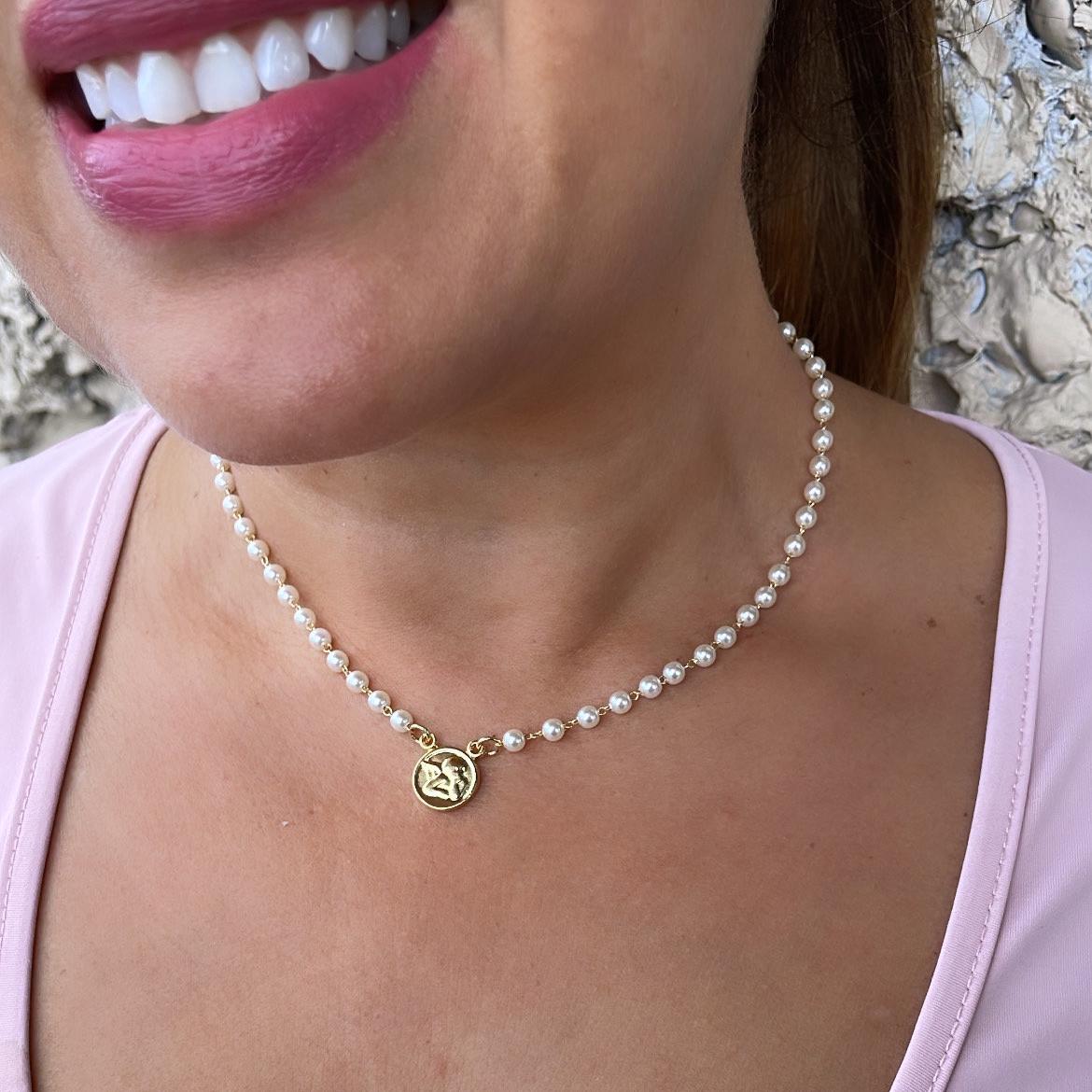 18k Gold Filled Dainty Pearl Choker with Angle Medallion Center Piece Choker
