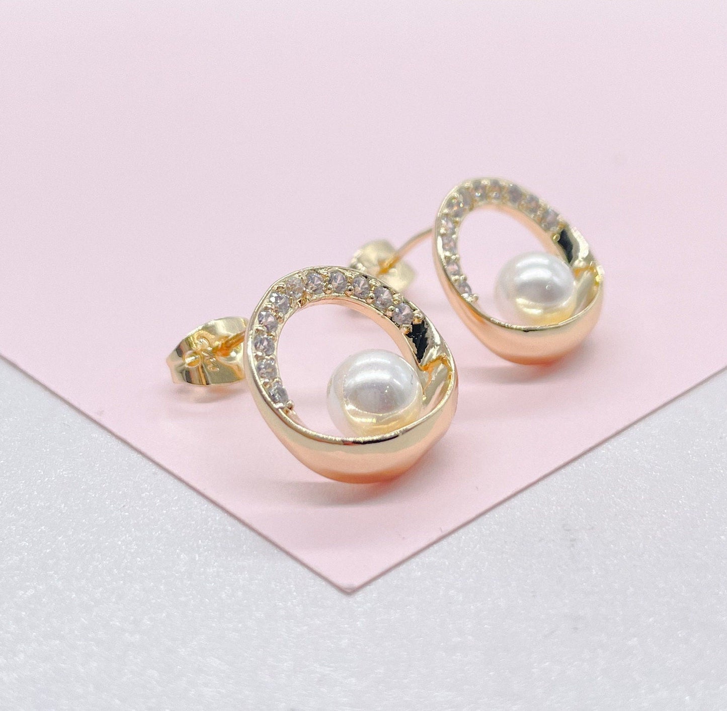 18k Gold Filled Dainty Gold Studs, Crowned with CZ Stones and Pearl Center Piece