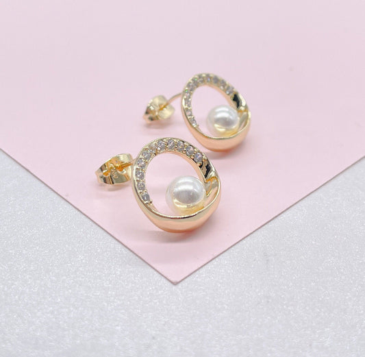 18k Gold Filled Dainty Gold Studs, Crowned with CZ Stones and Pearl Center Piece