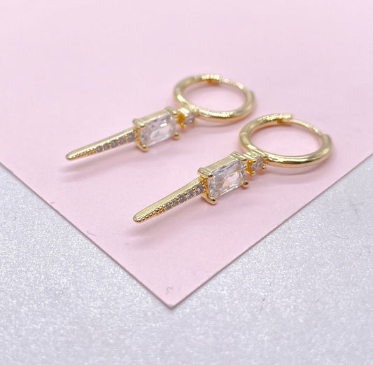 18k Gold Filled Dangling Spear Charm Earring With Baguette Cut and Micro CZ