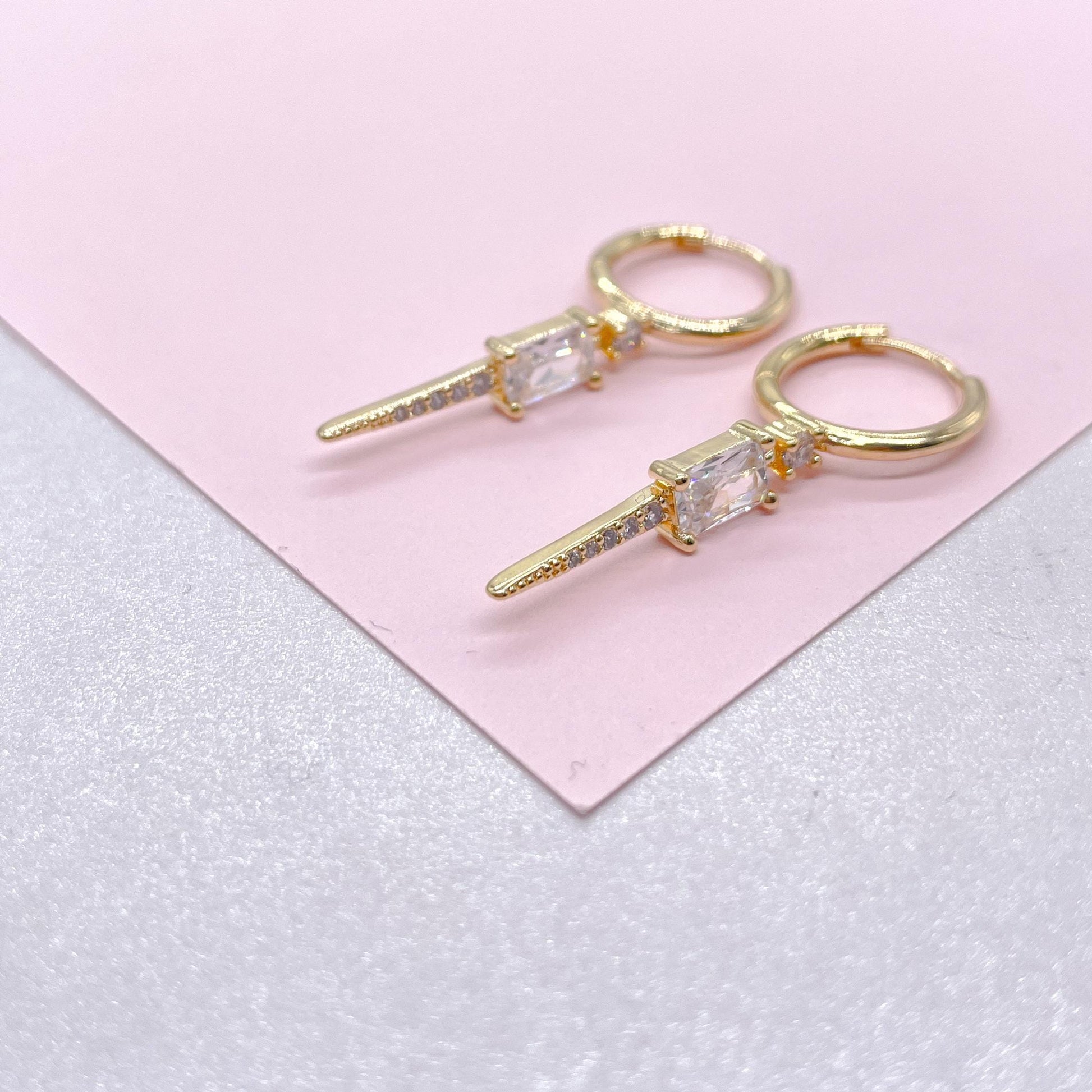 18k Gold Filled Spear Charm Dangling Earring With CZ Pave