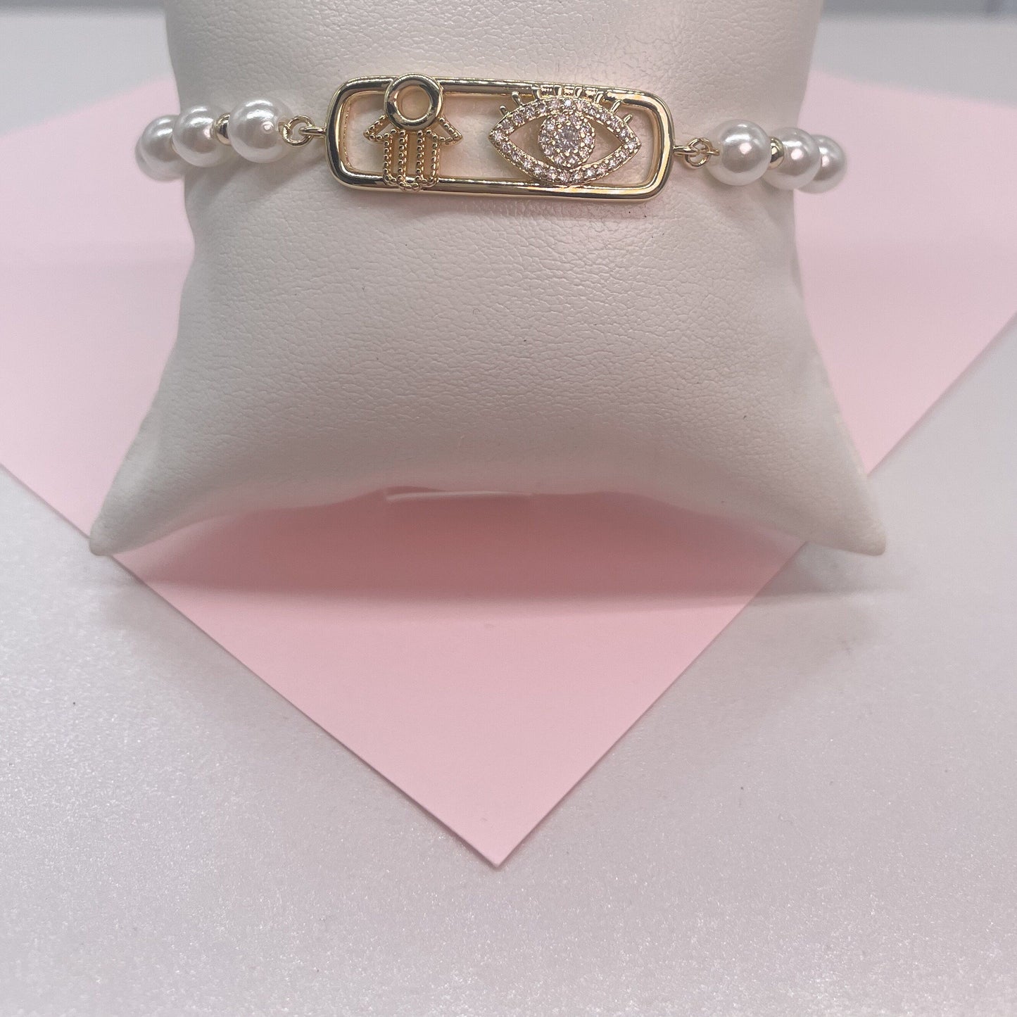 18k Gold Filled Adjustable Hamsa and Evil Eye Pearl Bracelet