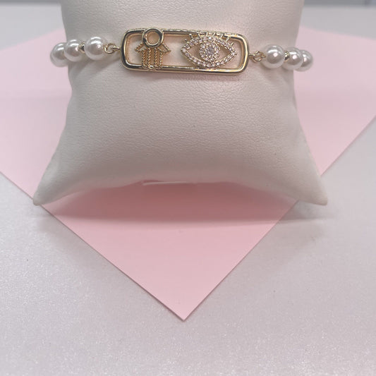 18k Gold Filled Adjustable Hamsa and Evil Eye Pearl Bracelet