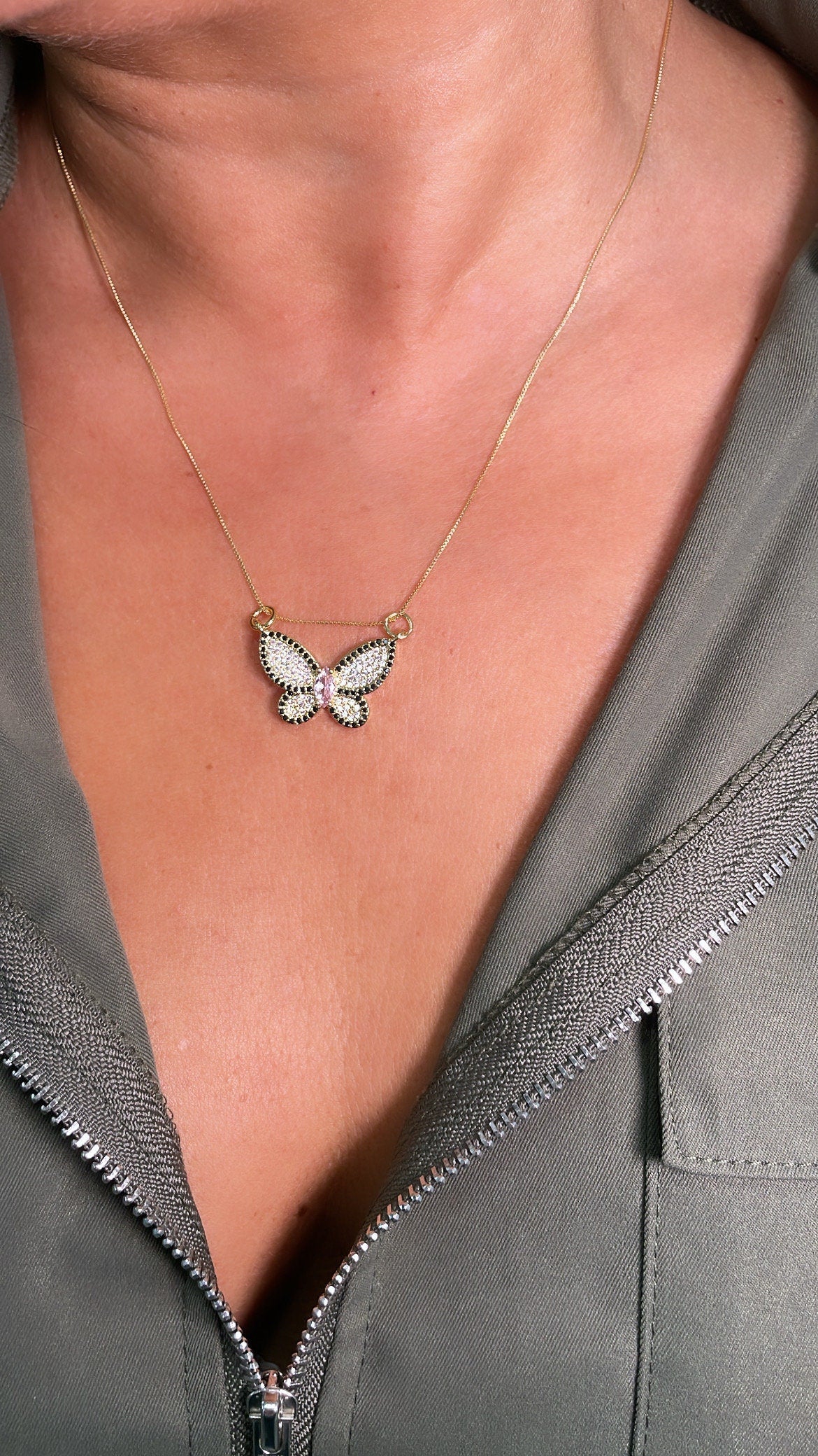 18k Gold Filled Butterfly Charm with Baby Pink Micro Pave Zirconia Butterfly Pendant