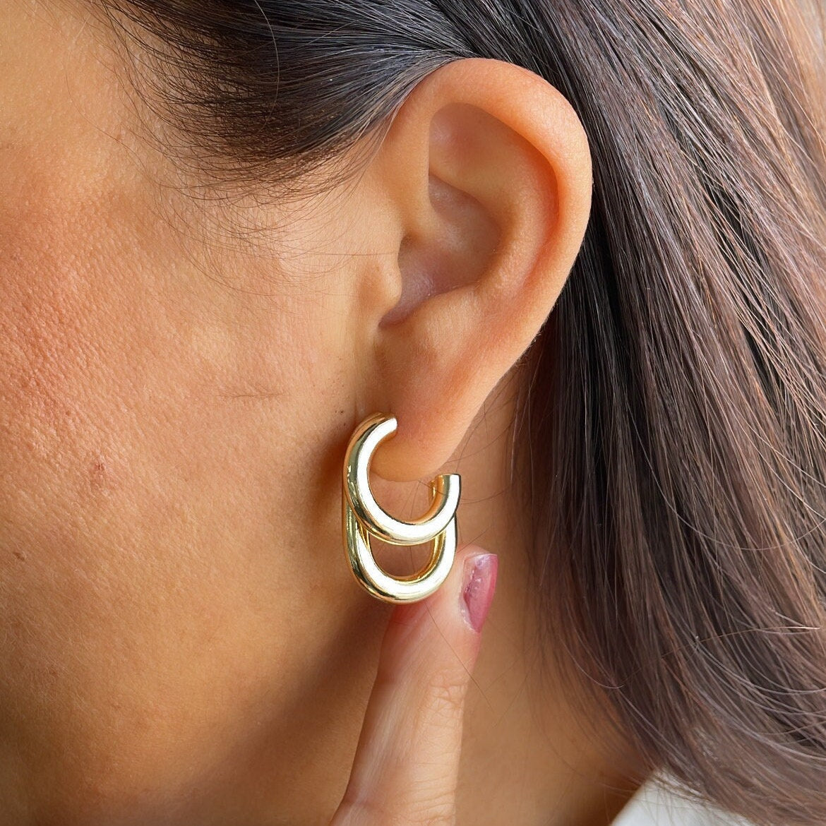 18k Gold Filled Hoop Earrings: Minimalist Double Row Hoops
