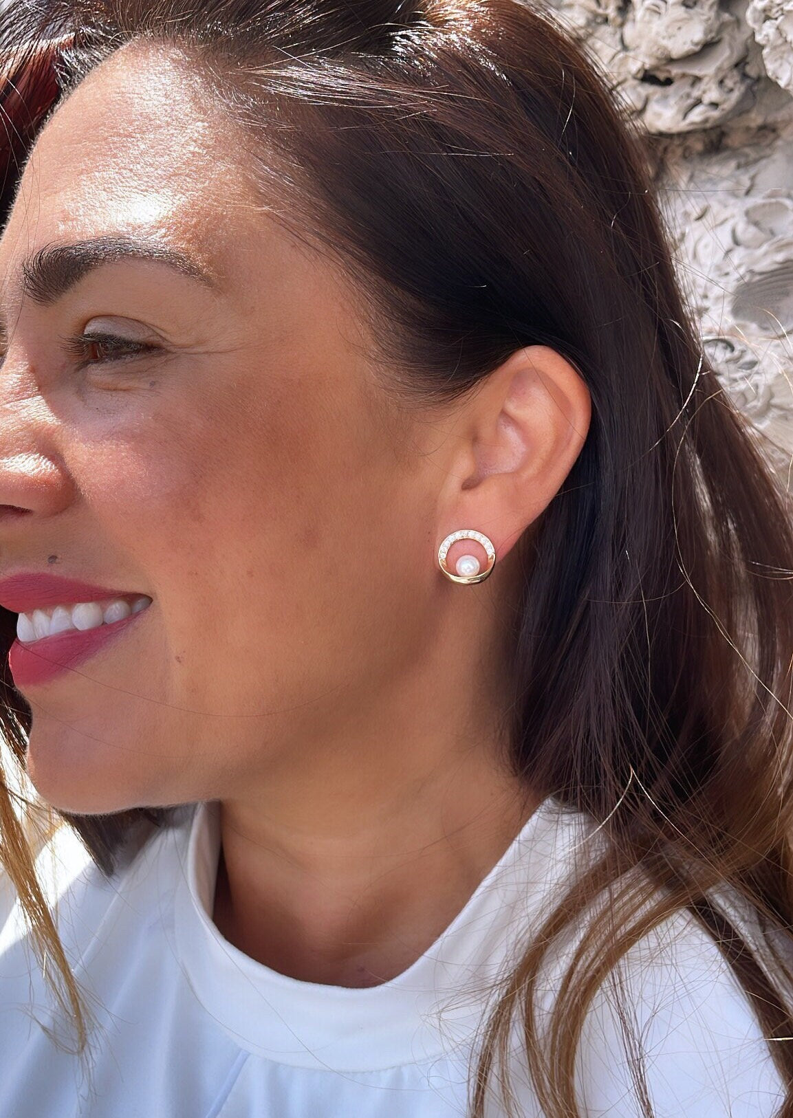 18k Gold Filled Dainty Gold Studs, Crowned with CZ Stones and Pearl Center Piece