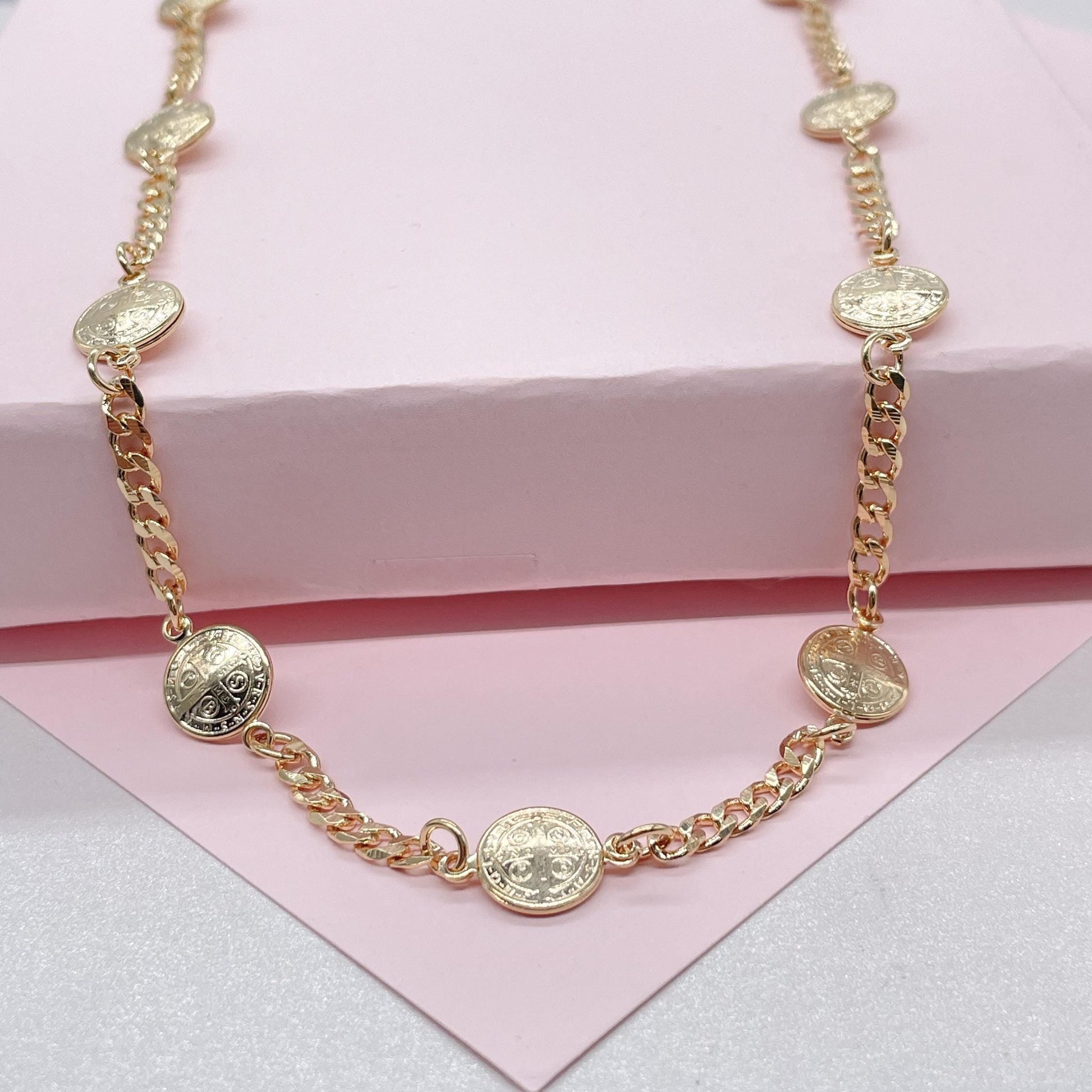 18k Gold Filled 8mm medallion and cuban link St Benedict Choker