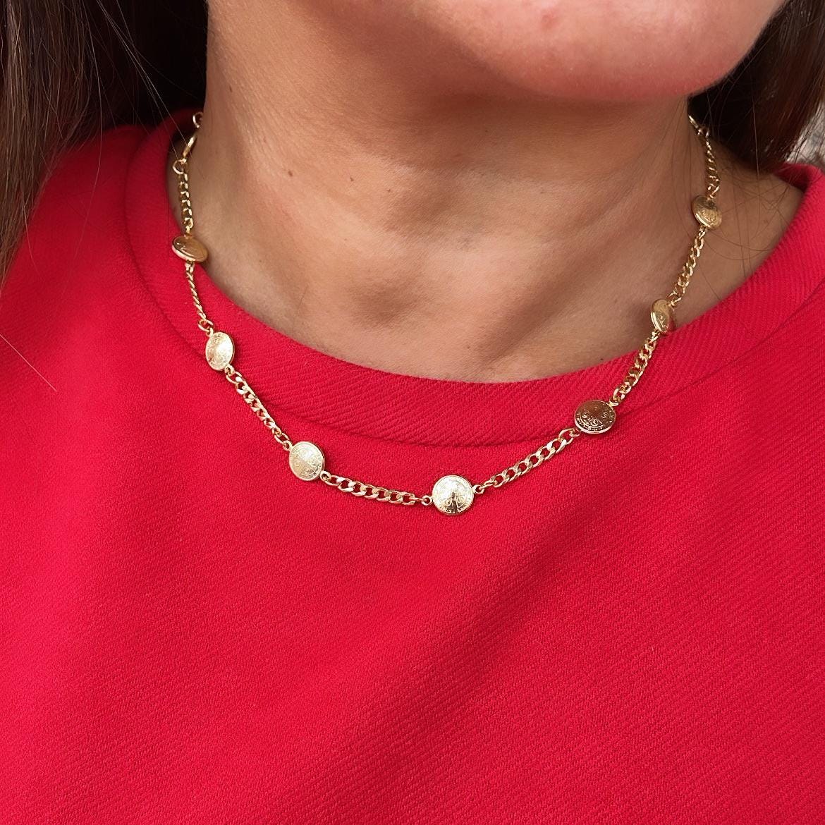 18k Gold Filled 8mm medallion and cuban link St Benedict Choker