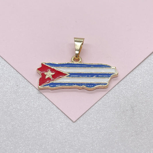 18k Gold Filled Enamel Cuban Pendant, Cuban Flag Jewlery, Gold Enamel pendant, Bandera de Cuba