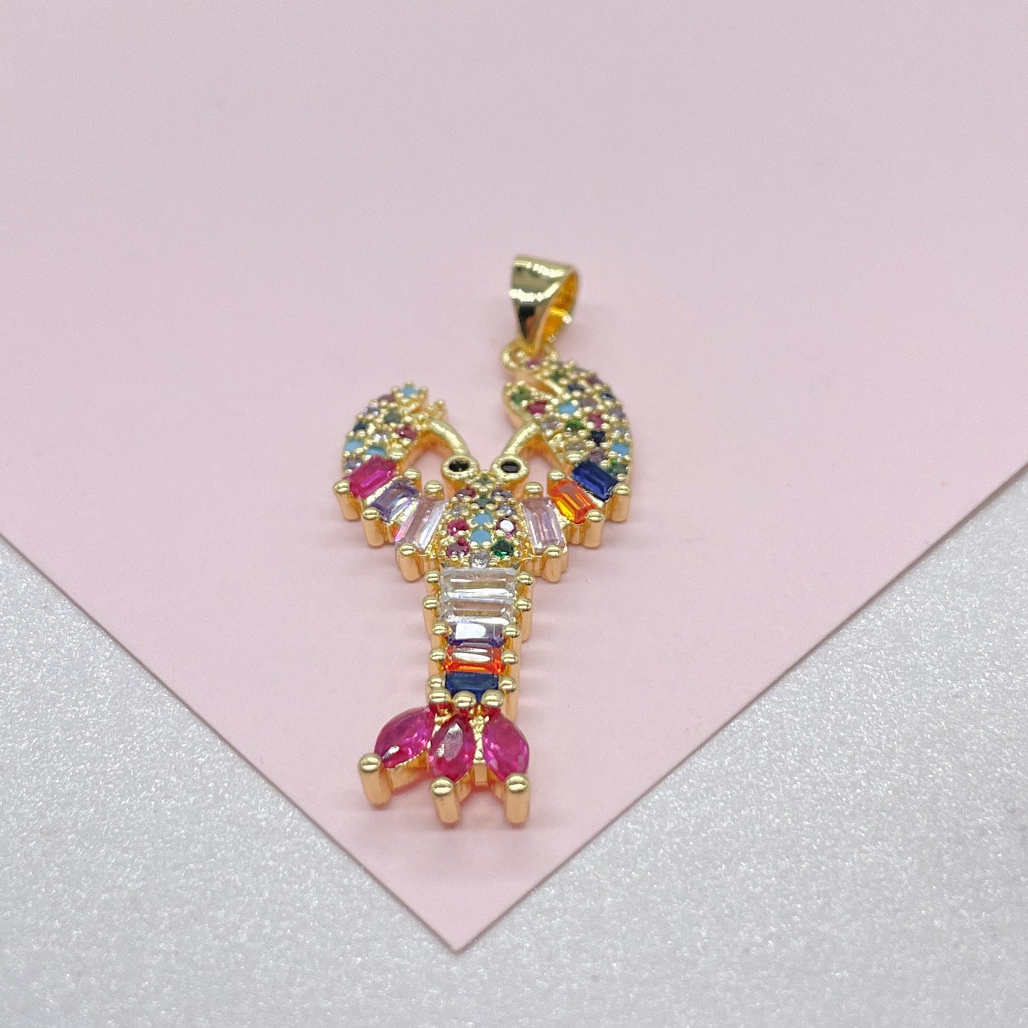 18k Gold Filled Small Colorful CZ Lobster with Baguette Stones