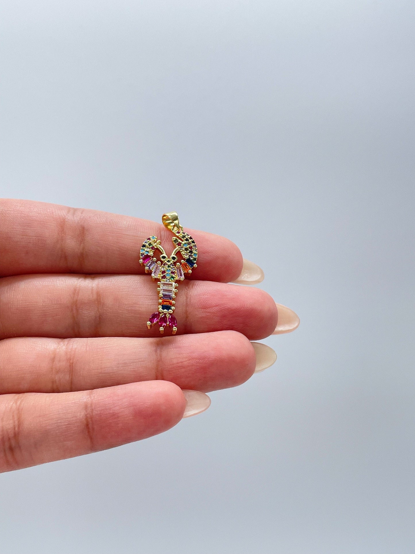 18k Gold Filled Small Colorful CZ Lobster with Baguette Stones