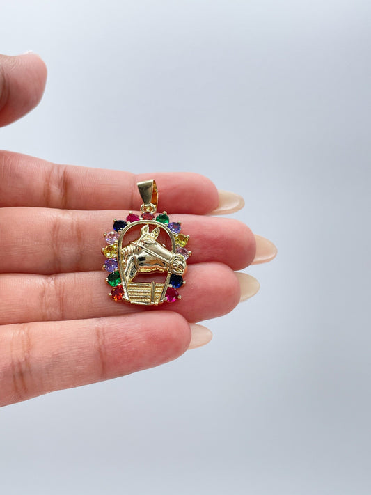 18k Gold Filled Multicolor Horse Shoe Engraved Pendant, Western theme, Cowboy Themed pendant