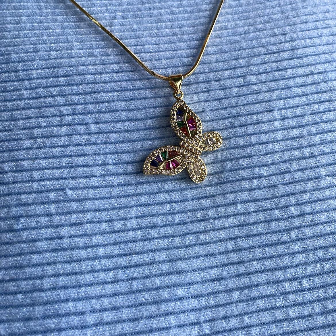 18k Gold Filled Colorful Butterfly Pendant with Colorful Baguette Stones and White Pave