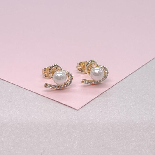 18k Gold Filled Tiny Heart Stud With Pearl CZ In Center