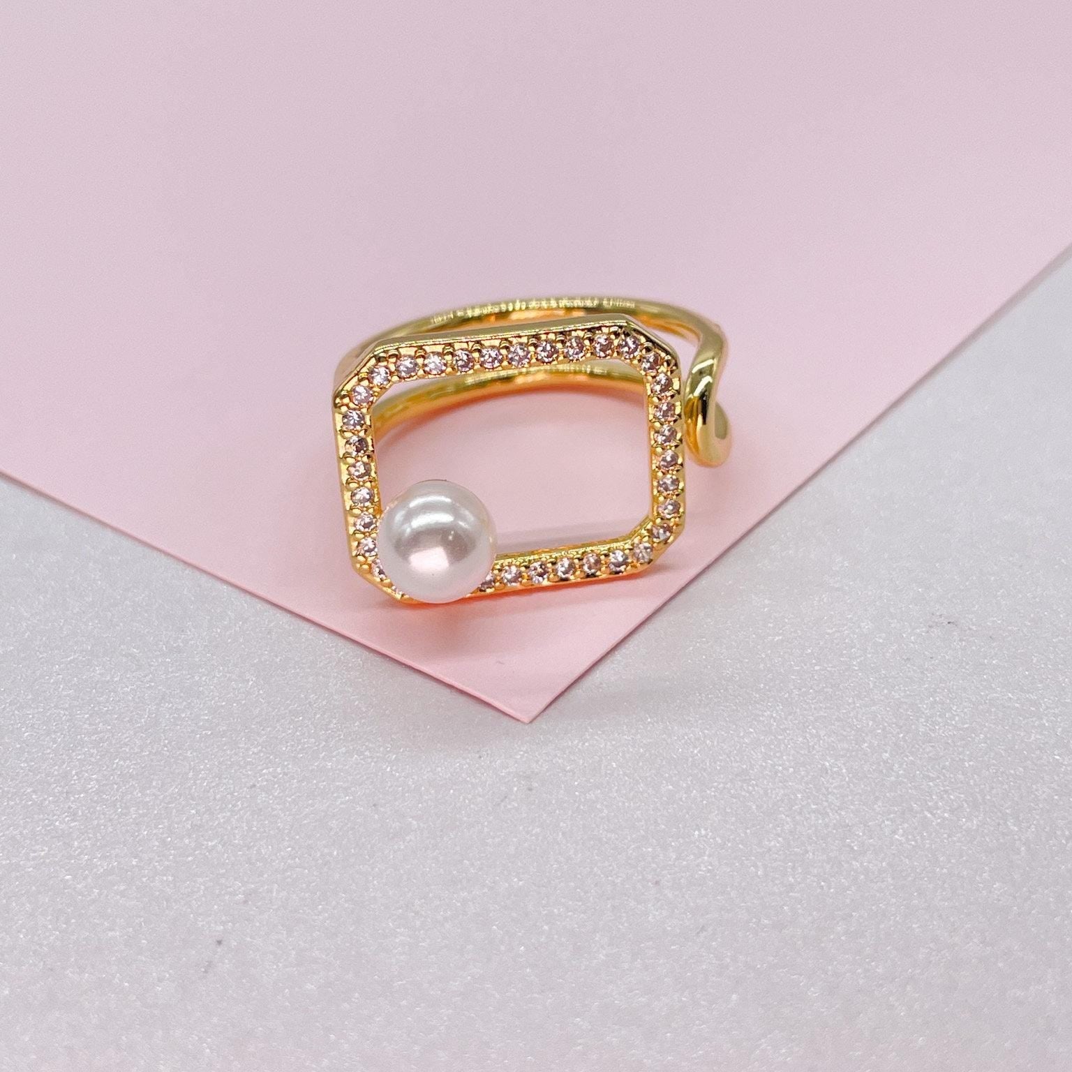 Adjustable 18k Gold Filled CZ and pearl Square Ring Dainty Jewelry