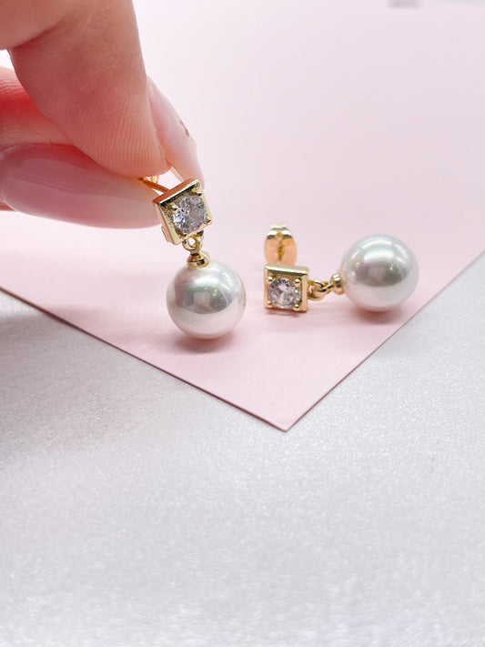 18k Gold Filled Circle Cut CZ Stone Earring With Large Hanging Pearl