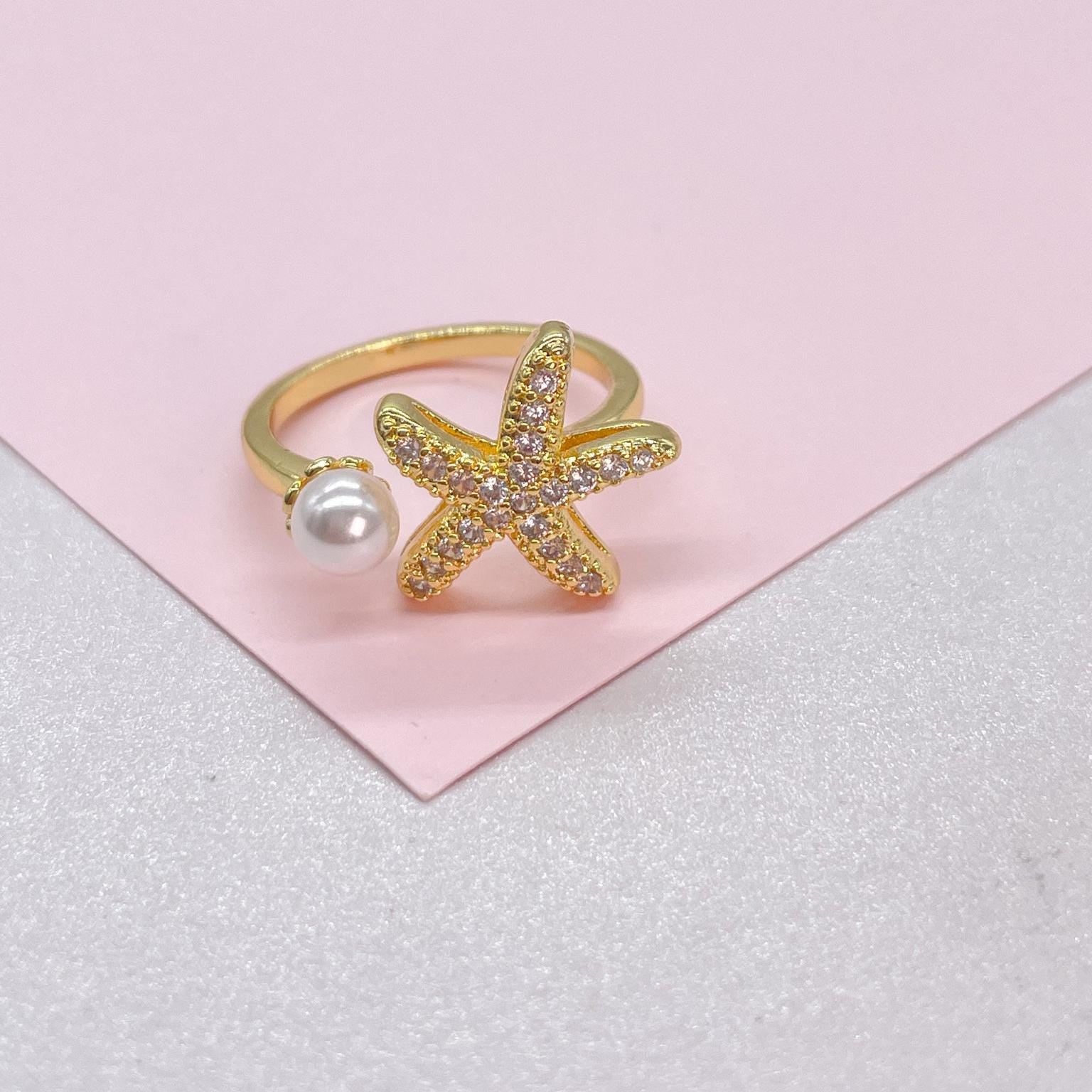 Adjustable 18k Gold Filled CZ and pearl Star-Fish Ring Dainty Jewelry