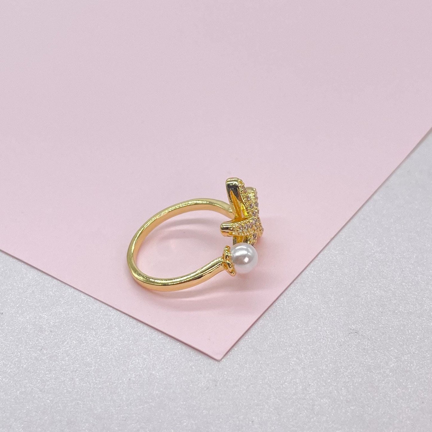 Adjustable 18k Gold Filled CZ and pearl Star-Fish Ring Dainty Jewelry