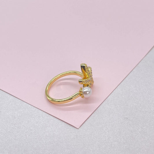Adjustable 18k Gold Filled CZ and pearl Star-Fish Ring Dainty Jewelry