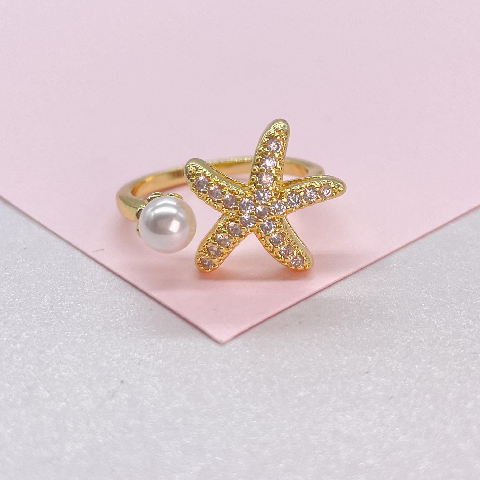 Adjustable 18k Gold Filled CZ and pearl Star-Fish Ring Dainty Jewelry