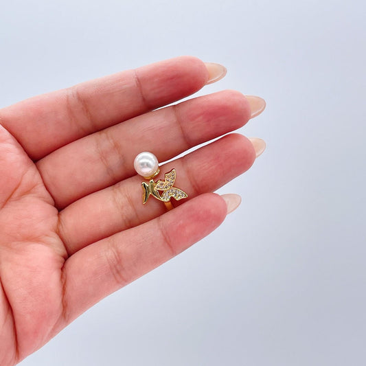 Adjustable 18k Gold Filled CZ and pearl Butterfly Ring Dainty Jewelry