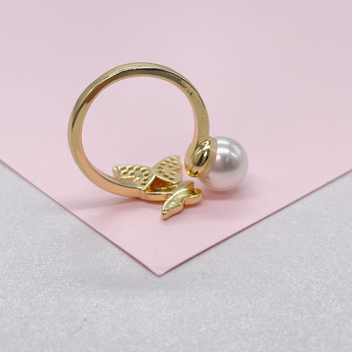 Adjustable 18k Gold Filled CZ and pearl Butterfly Ring Dainty Jewelry