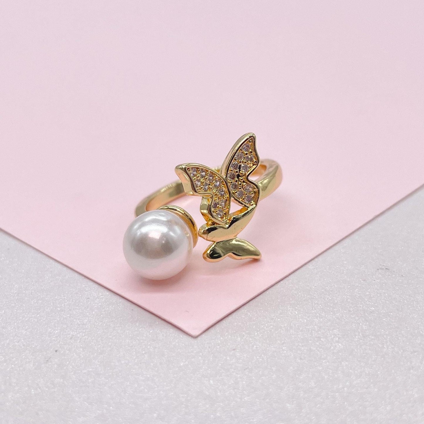 Adjustable 18k Gold Filled CZ and pearl Butterfly Ring Dainty Jewelry