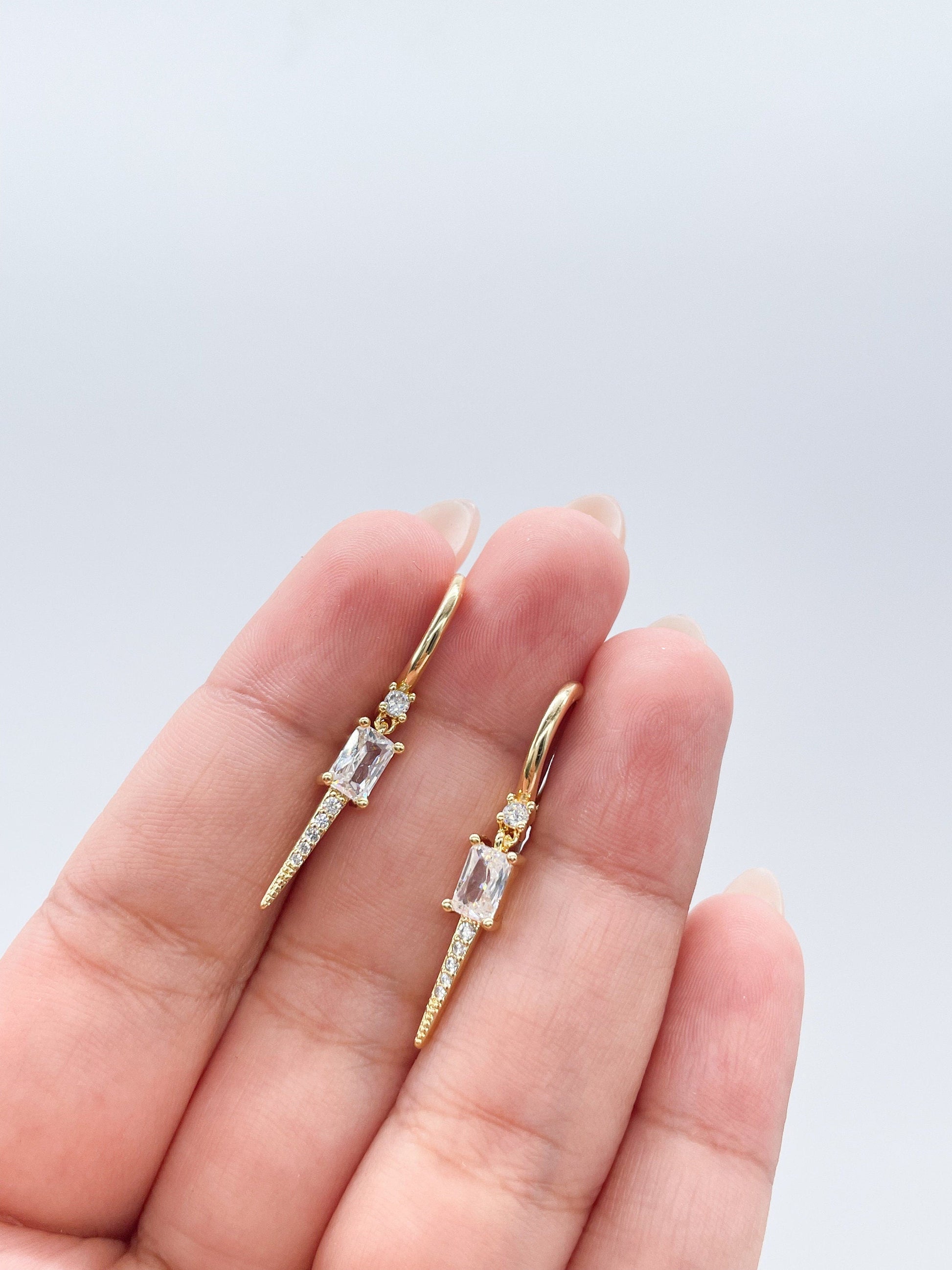 18k Gold Filled Spear Charm Dangling Earring With CZ Pave