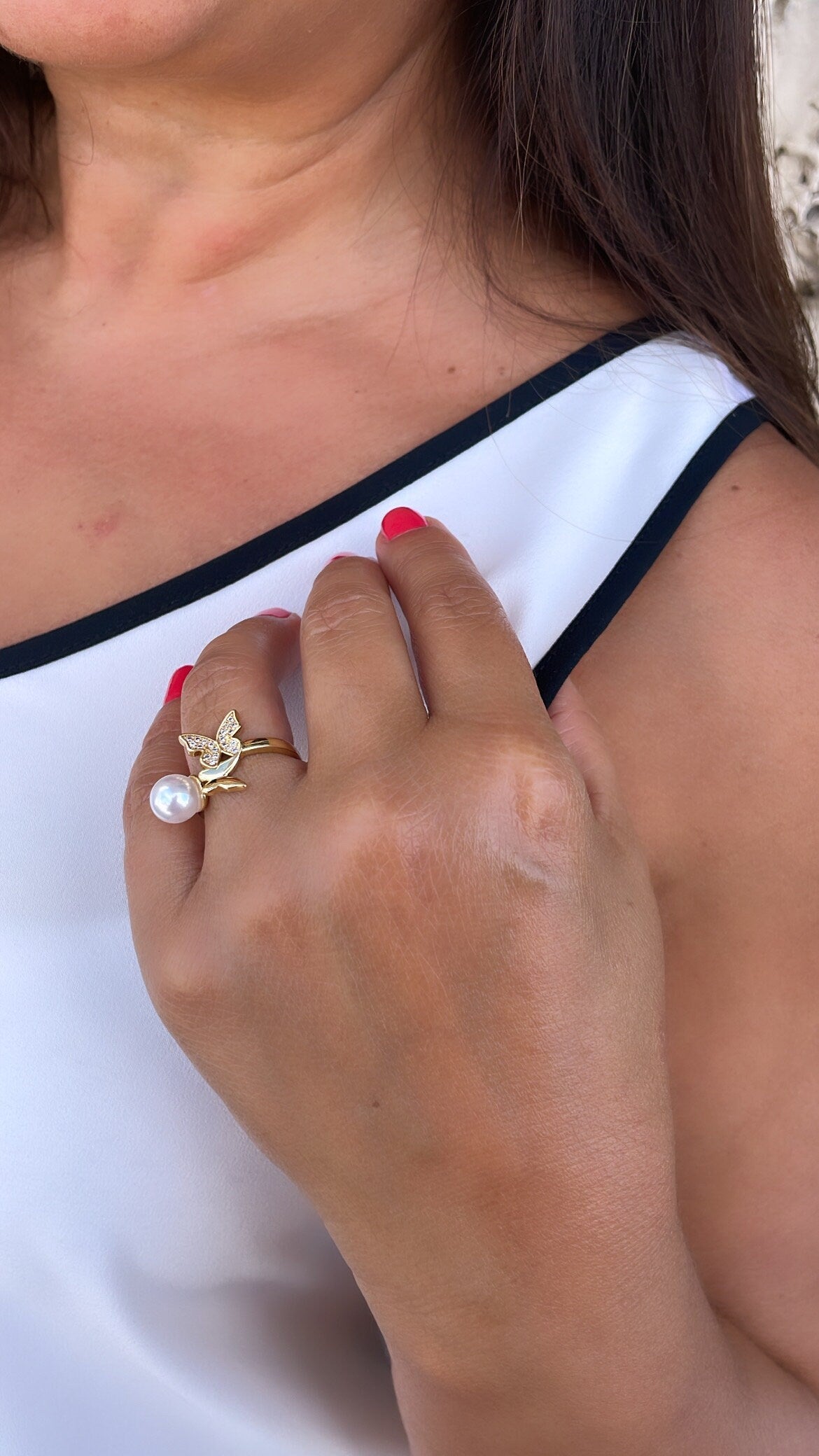 Adjustable 18k Gold Filled CZ and pearl Butterfly Ring Dainty Jewelry