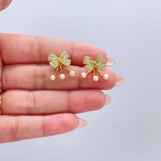 18k Gold Filled Bow Stud Jacket Earring With Pearl Ends