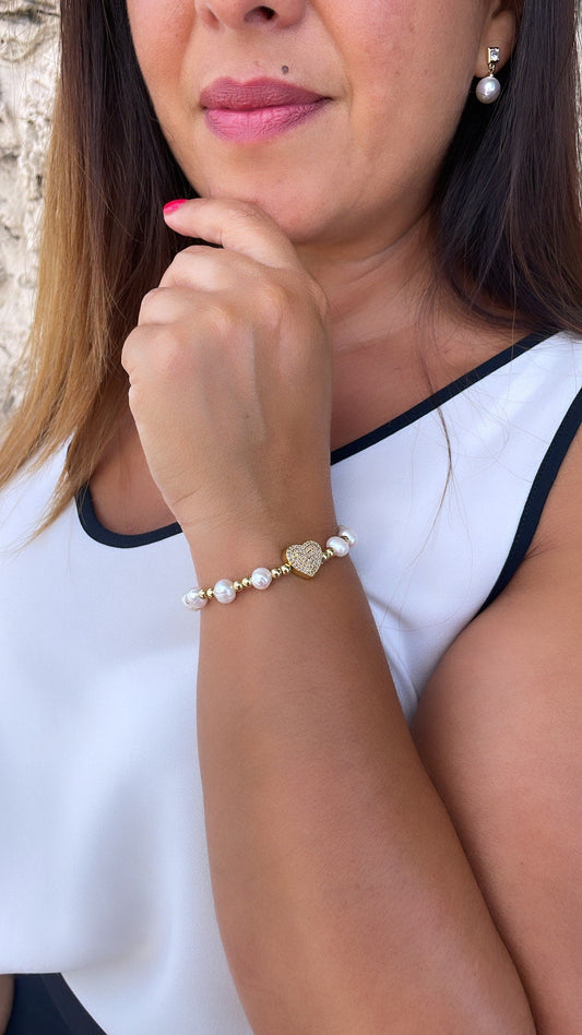 18k Gold Filled 6mm Elastic Beaded with Pearl Beads and Heart