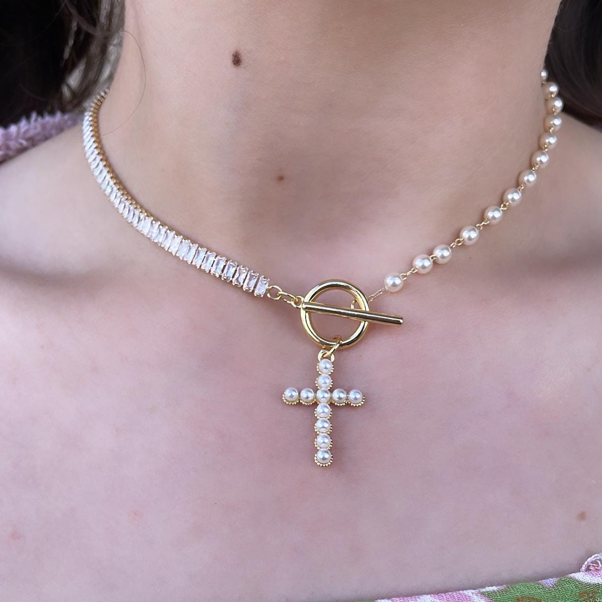 18k Gold Filled Half Baguette Tennis & Half Pearl Necklace Chain Choker