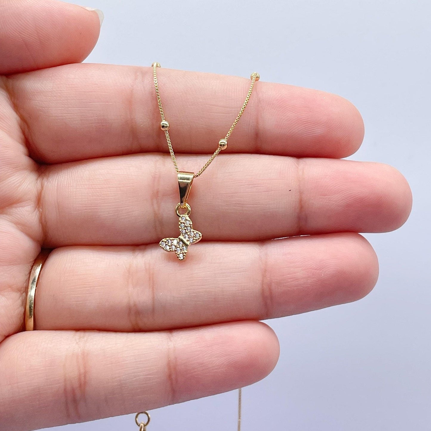18k Gold Filled Mini Pave Butterfly Pendant with Satelite Chain