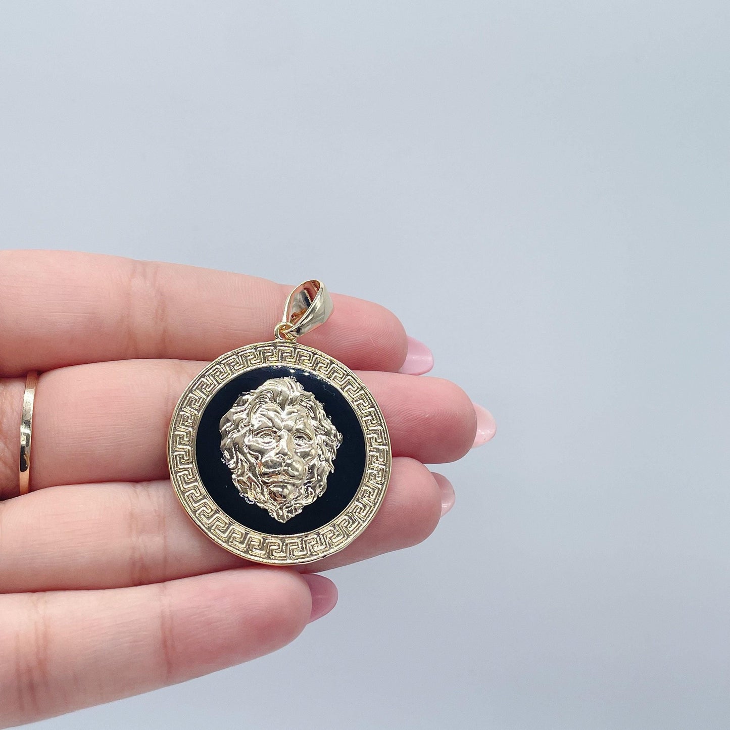 18k Gold Filled Greek Pattern Engraved Circle Pendant Featuring Lions Head and Black Enamel Plate