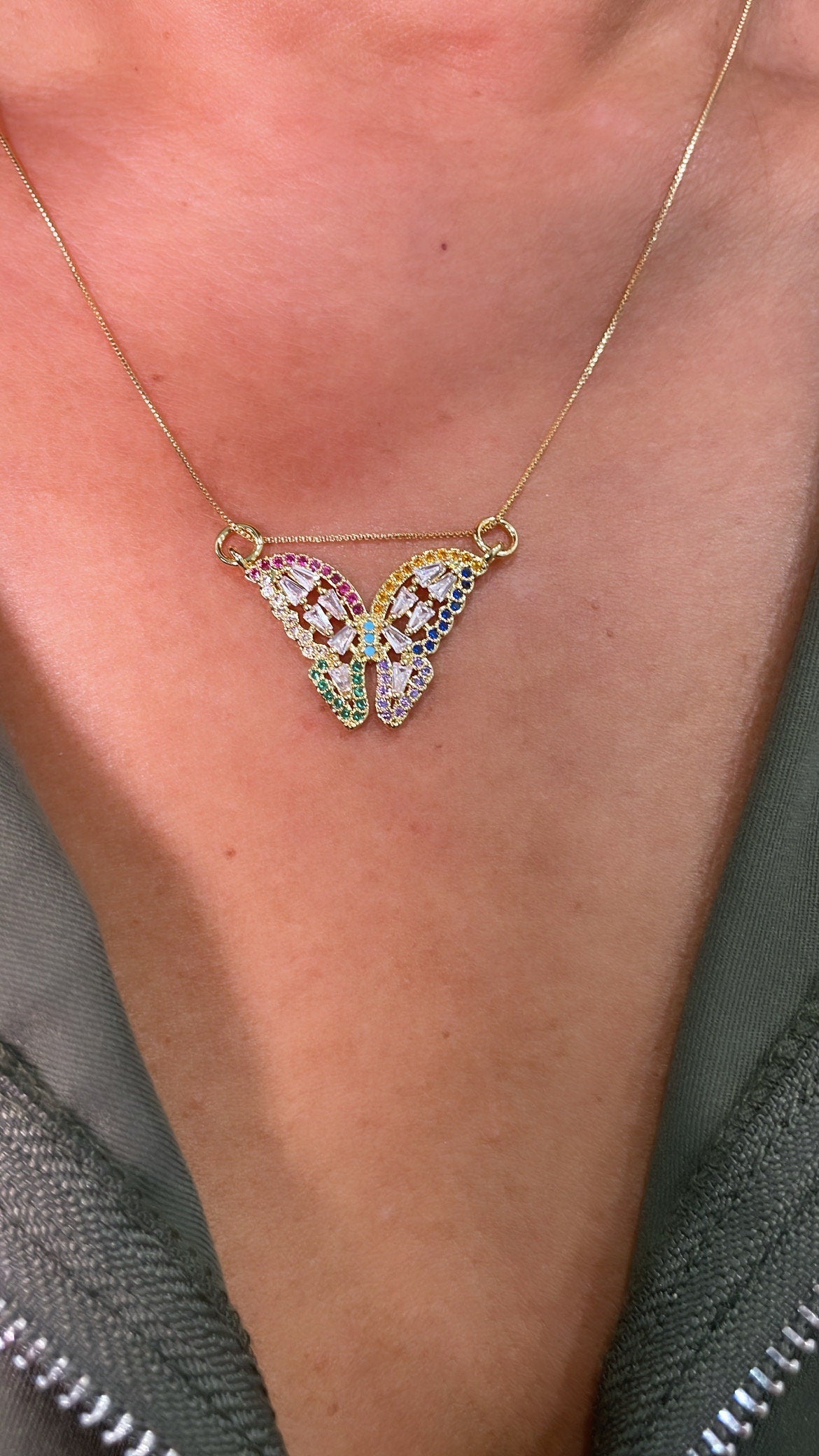 18k Gold Filled Butterfly Charm with Colorful Micro Pave Zirconia Multicolor Butterfly Pendant