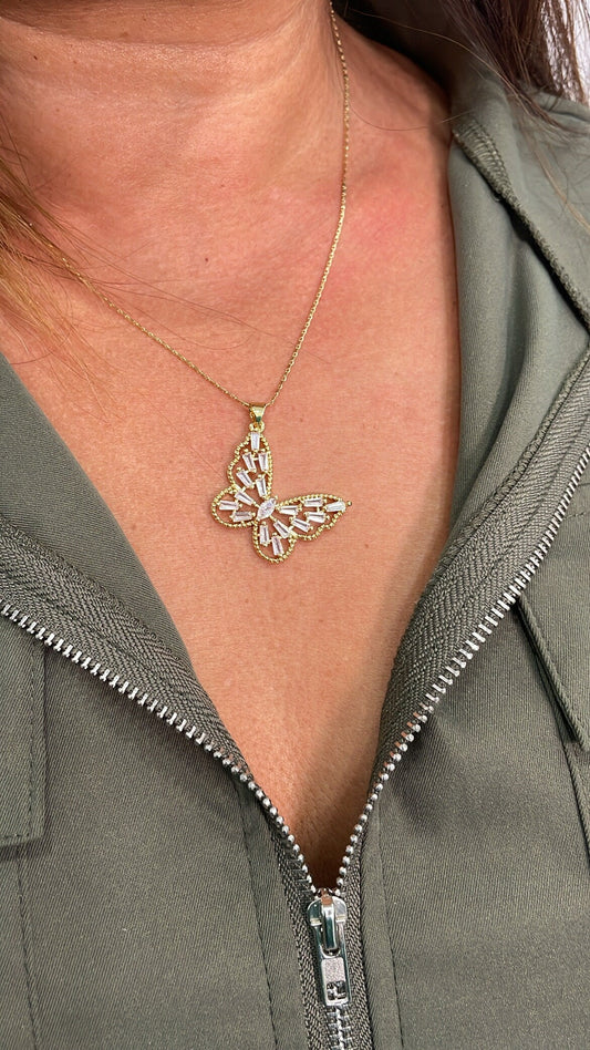 18k Gold Filled Butterfly Charm with CZ Baguette & Micro Pave Zirconia Butterfly Pendant