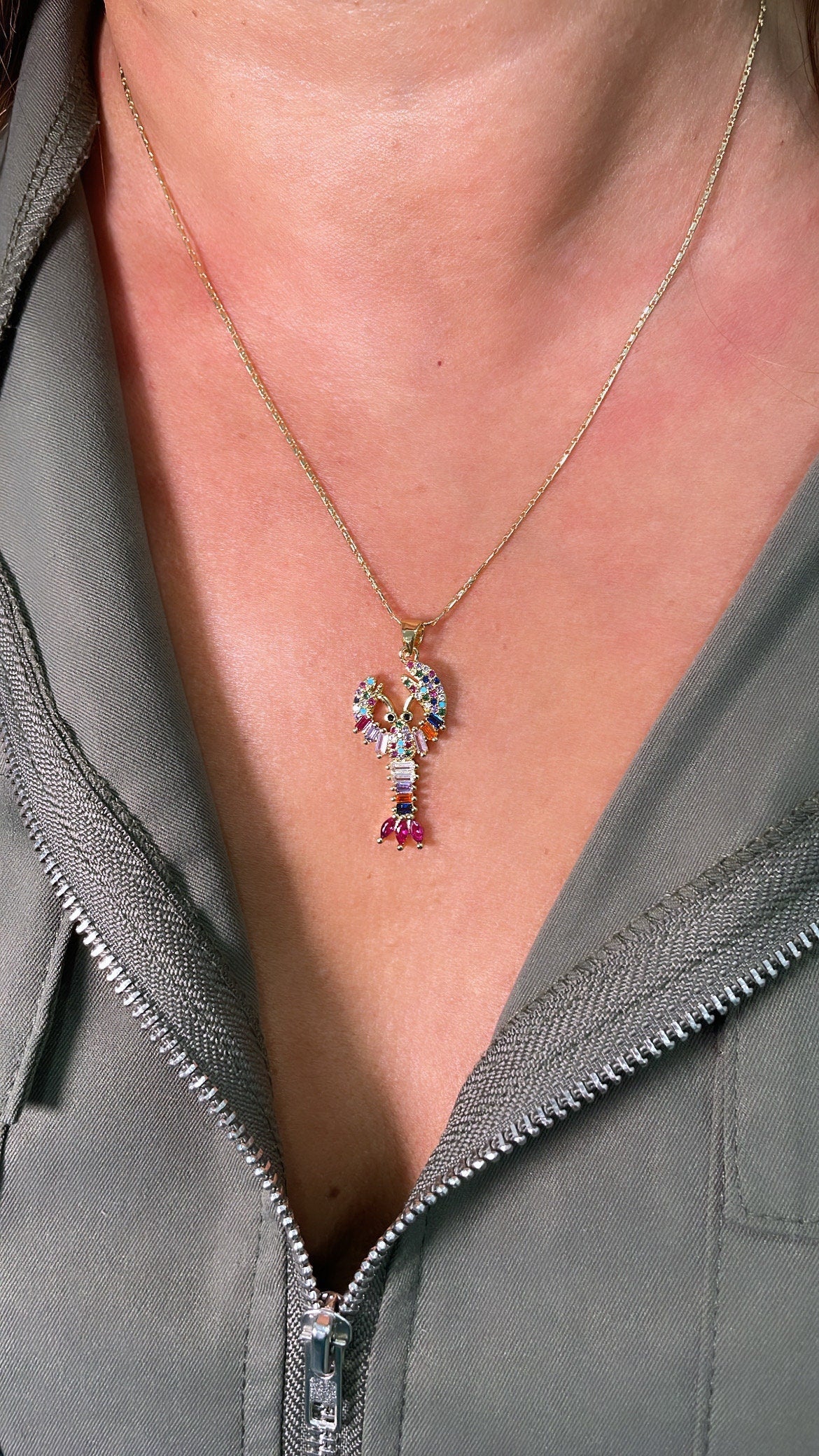 18k Gold Filled Small Colorful CZ Lobster with Baguette Stones