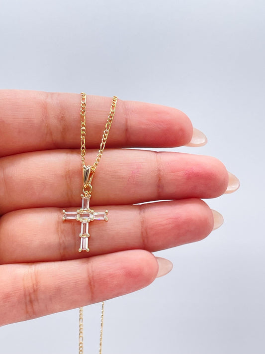 18k Gold Filled Clear CZ Baguette Stone Cut Cross Pendant In 2 Sizes