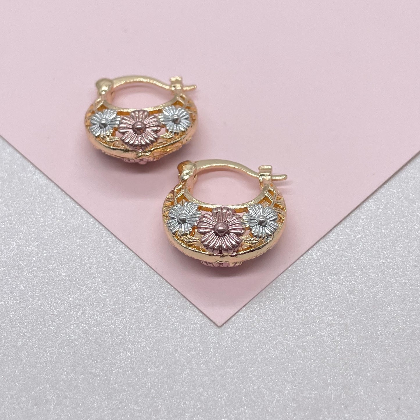 18k Gold Filled Tri-Colored Thick Open Hollow Hoop Earrings With Floral Design