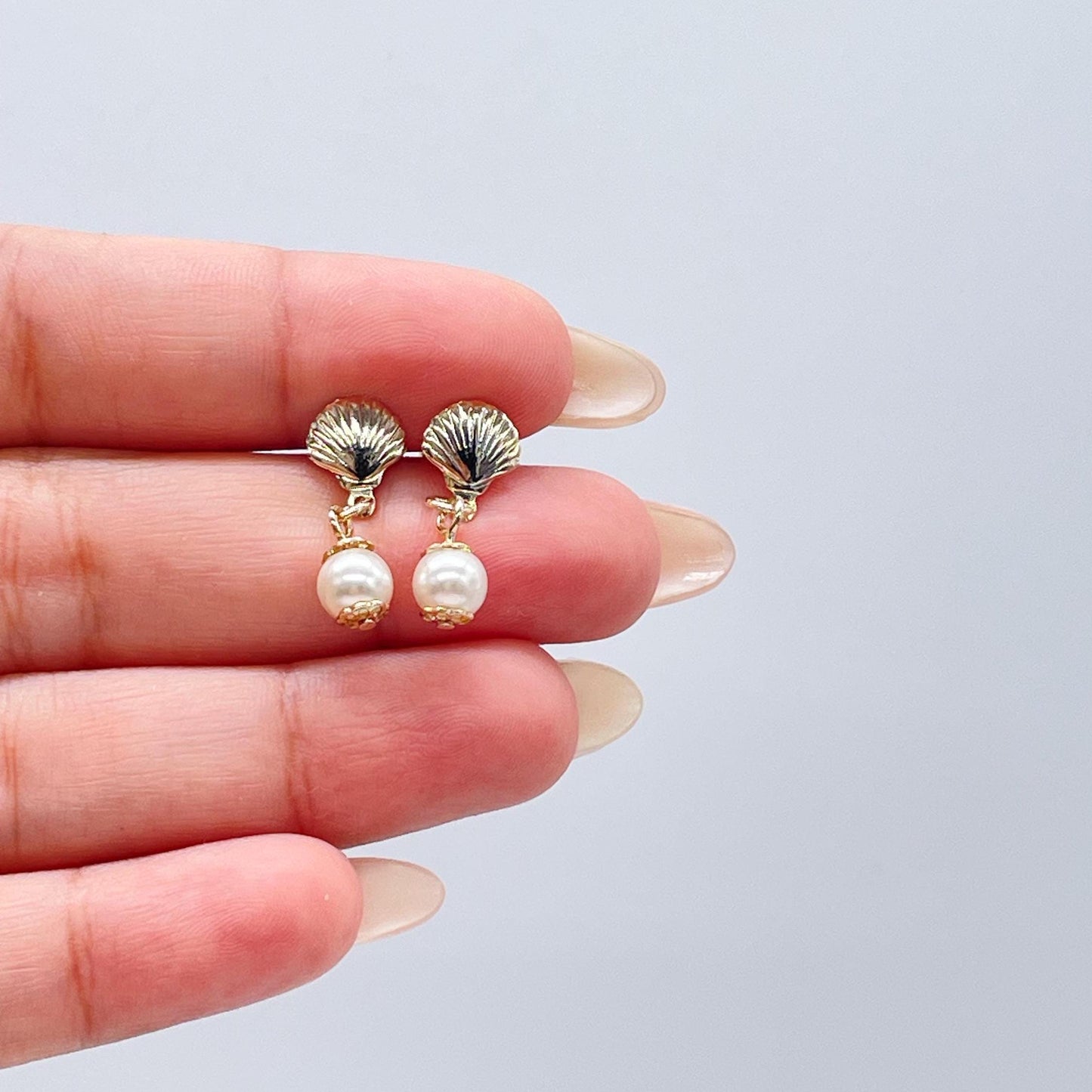 18k Gold Filled Seashell and Dangling Pearl Earrings